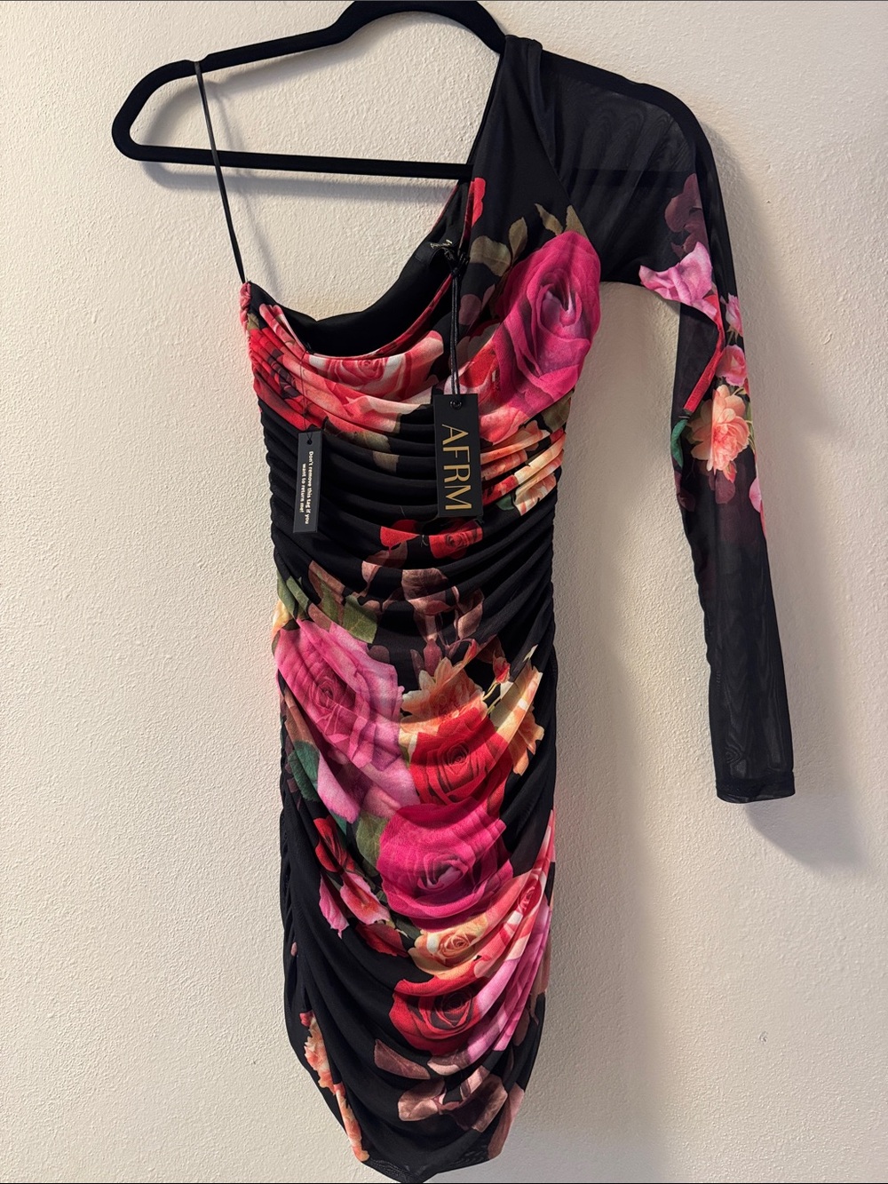 AFRM Black One-Shoulder Ruched Dress with Pink Floral Print